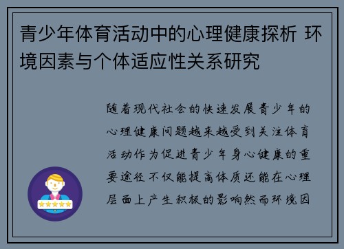 青少年体育活动中的心理健康探析 环境因素与个体适应性关系研究