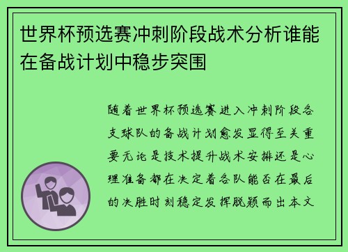 世界杯预选赛冲刺阶段战术分析谁能在备战计划中稳步突围