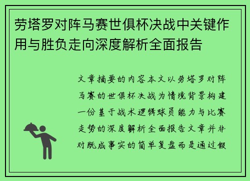 劳塔罗对阵马赛世俱杯决战中关键作用与胜负走向深度解析全面报告