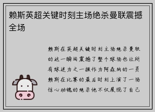 赖斯英超关键时刻主场绝杀曼联震撼全场