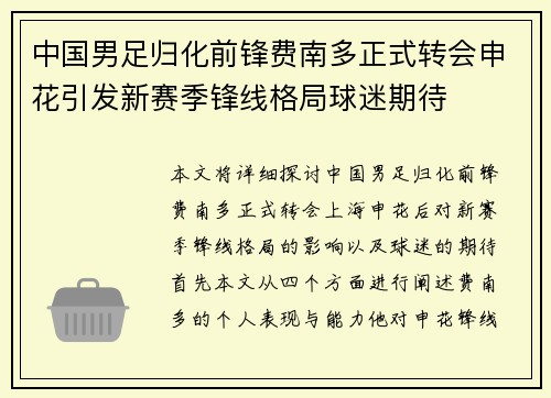 中国男足归化前锋费南多正式转会申花引发新赛季锋线格局球迷期待